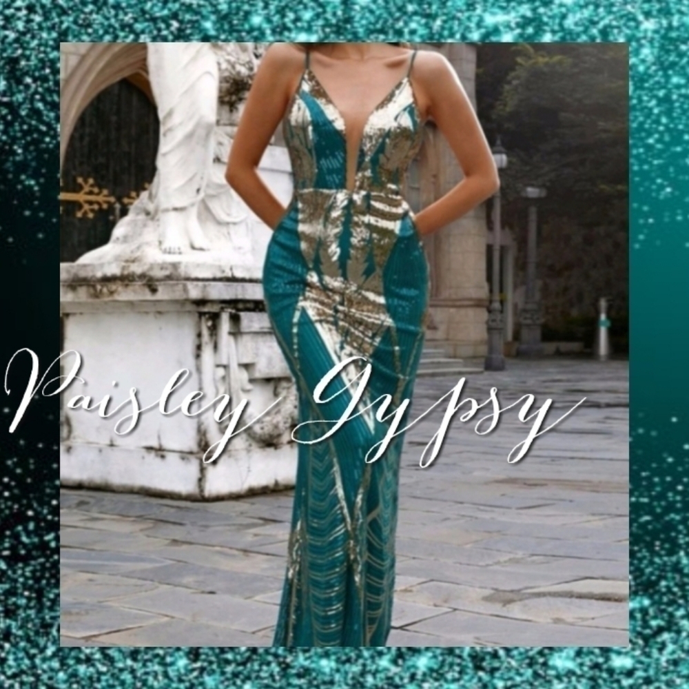 Teal and Gold Deep V Neckline Backless and Sleeveless Formal Gown